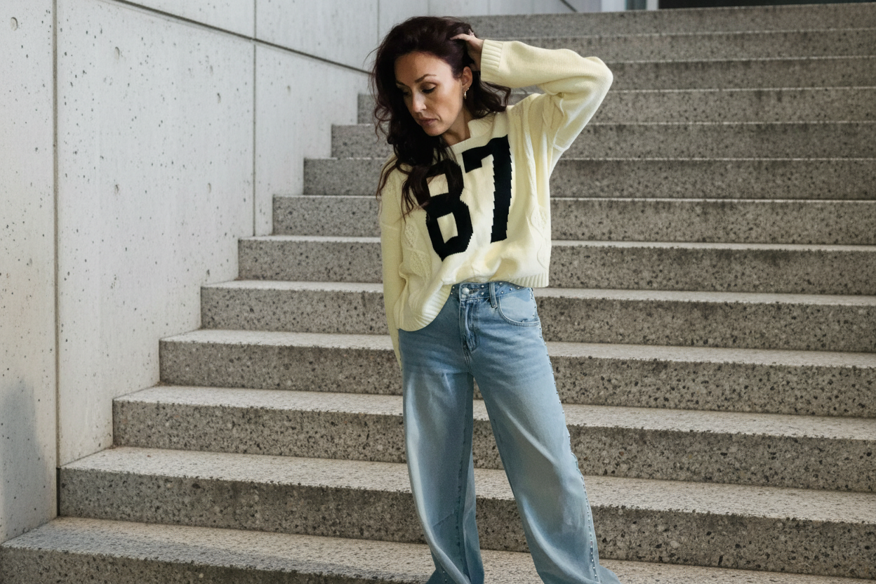 Woman wearing a light-colored sweater with a large number '87' and blue jeans on a gray background