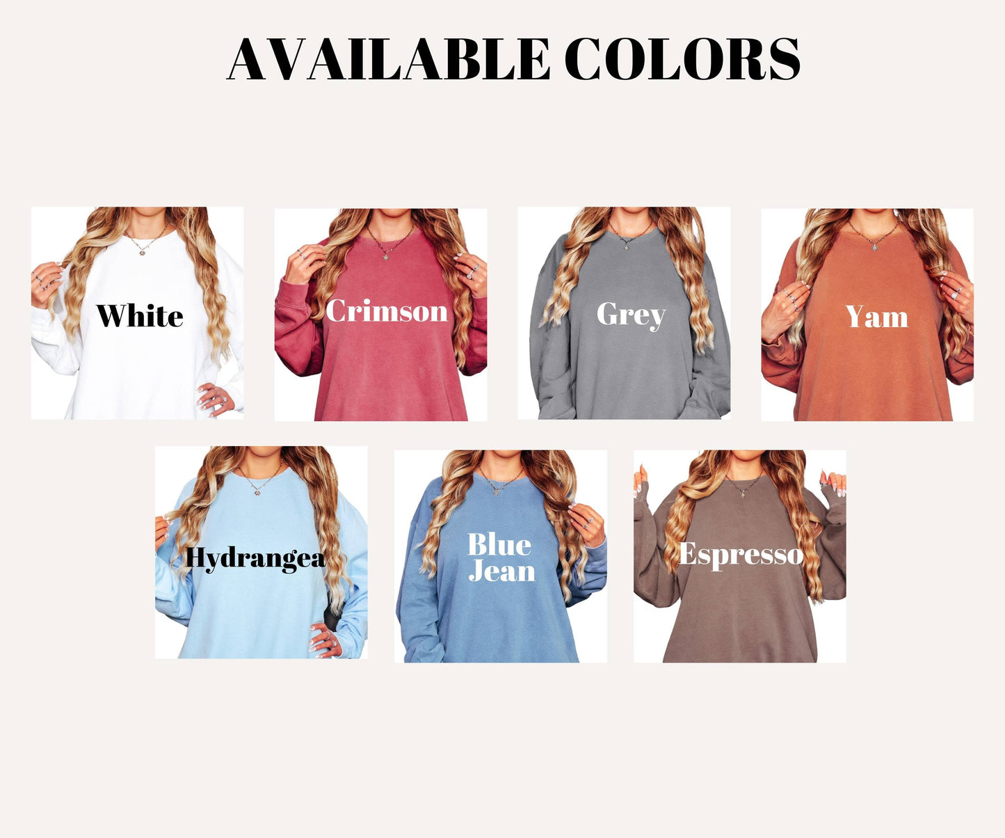 Collage of sweatshirts in various colors with color names displayed.