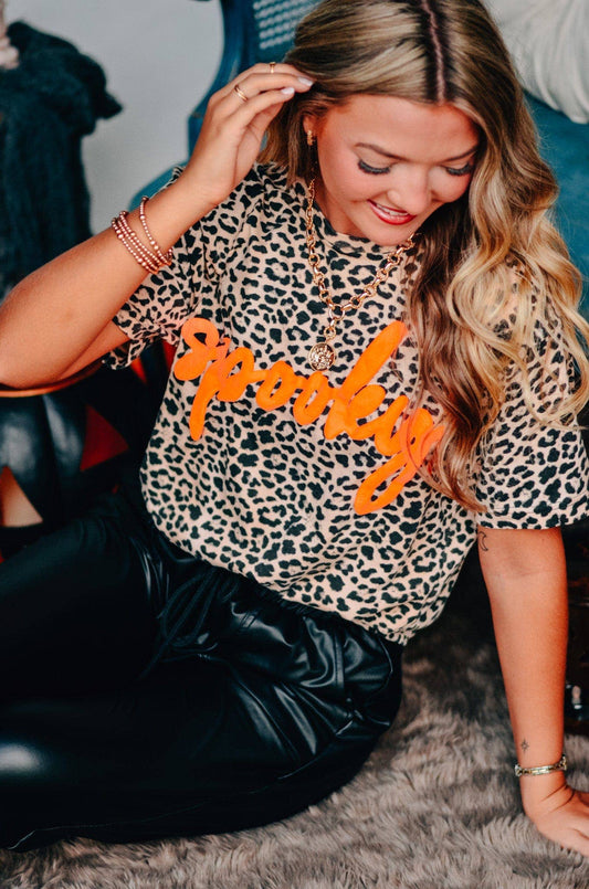 Spooky Halloween Bleached Leopard Tee - Orange Puff Print