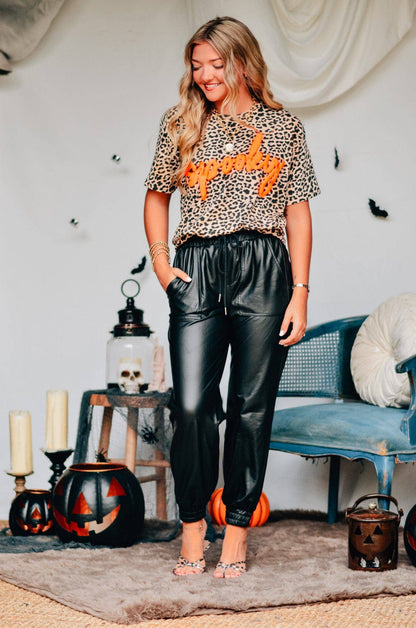 Spooky Halloween Bleached Leopard Tee - Orange Puff Print
