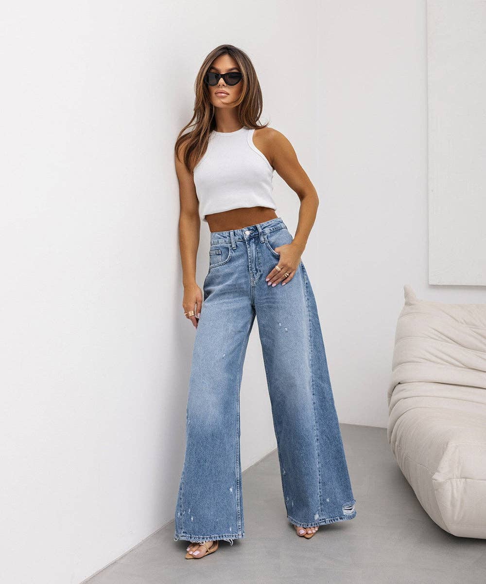 STRAIGHT LEG RIPPED WIDE-LEG JEANS FOR EDGY COMFORT