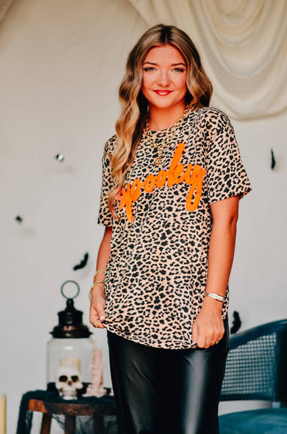 Spooky Halloween Bleached Leopard Tee - Orange Puff Print