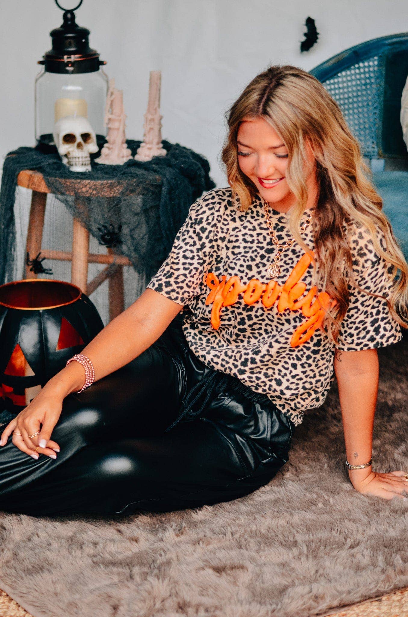 Spooky Halloween Bleached Leopard Tee - Orange Puff Print