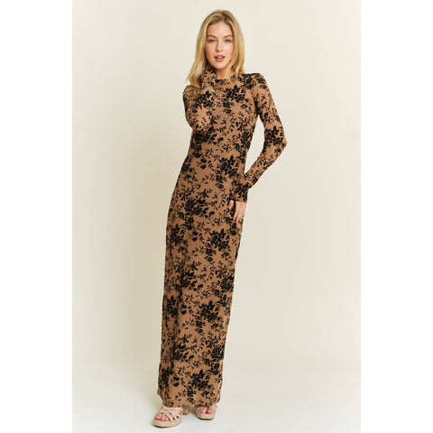 Velvet Flocking Maxi Mesh Dress - Long Sleeve