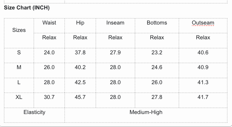 Size chart for clothing measurements in inches with a white background