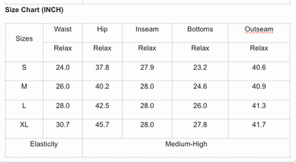 Size chart for clothing measurements in inches with a white background