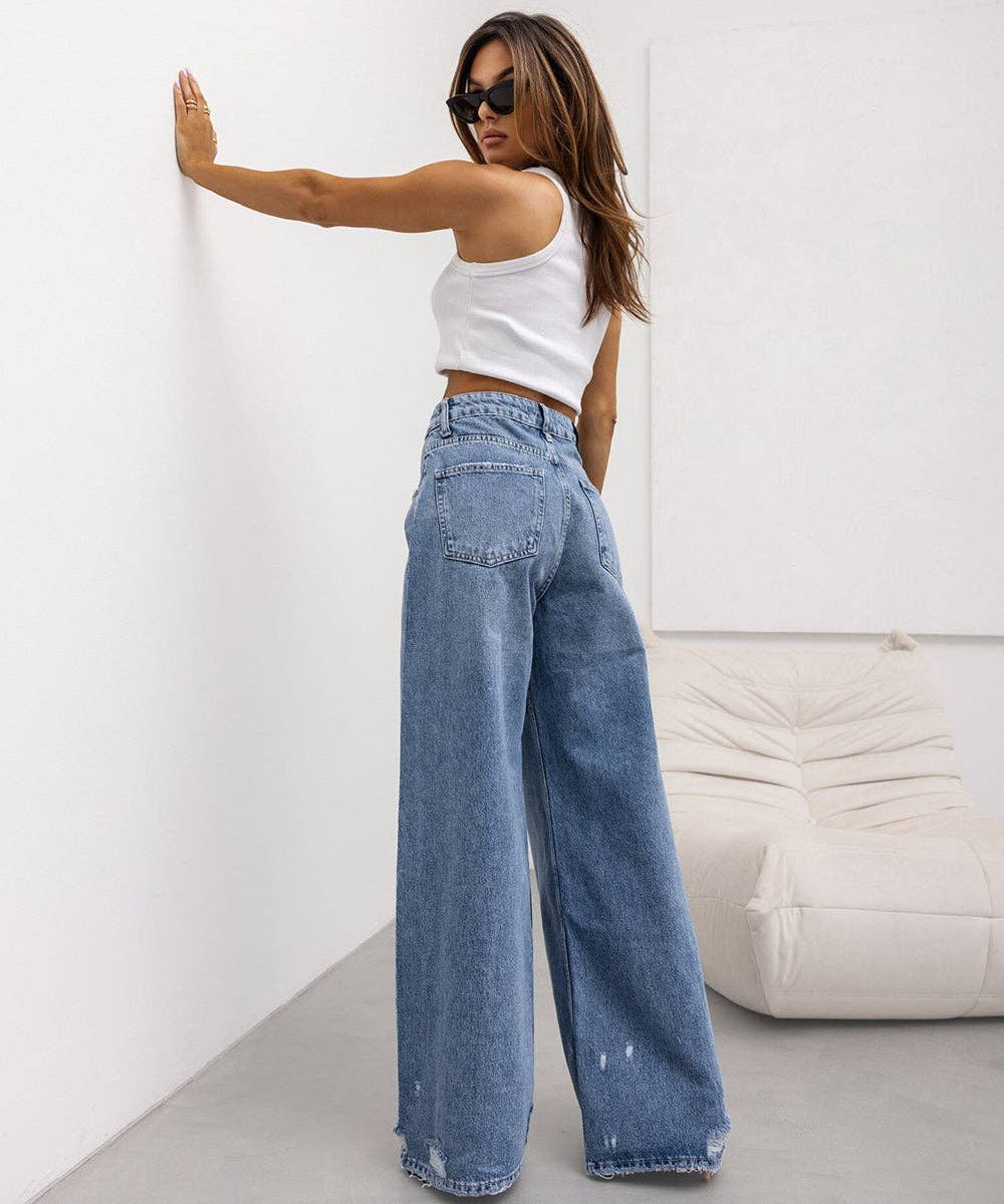 STRAIGHT LEG RIPPED WIDE-LEG JEANS FOR EDGY COMFORT