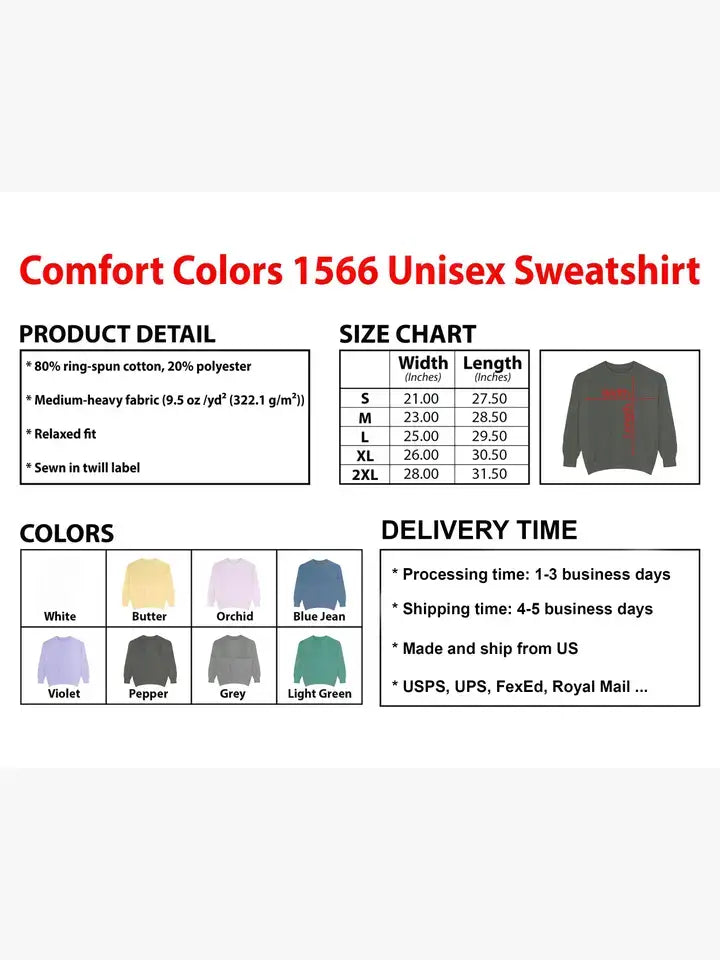 Product details of Comfort Colors 1566 Unisex Sweatshirt including size chart, color options, and delivery information.