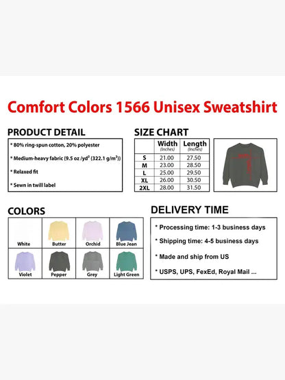 Product details of Comfort Colors 1566 Unisex Sweatshirt including size chart, color options, and delivery information.