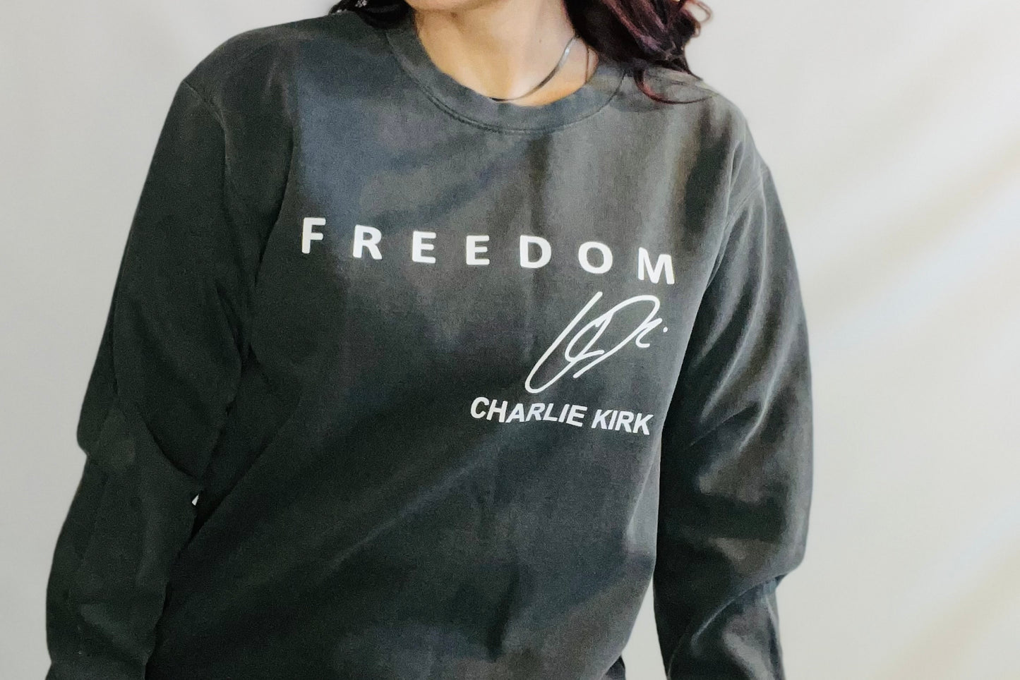 freedom sweater on woman close up