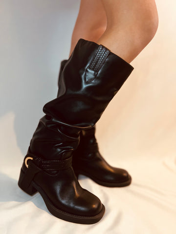 Ride High Braided Buckle Boots - Black Grunge Knee High Heels