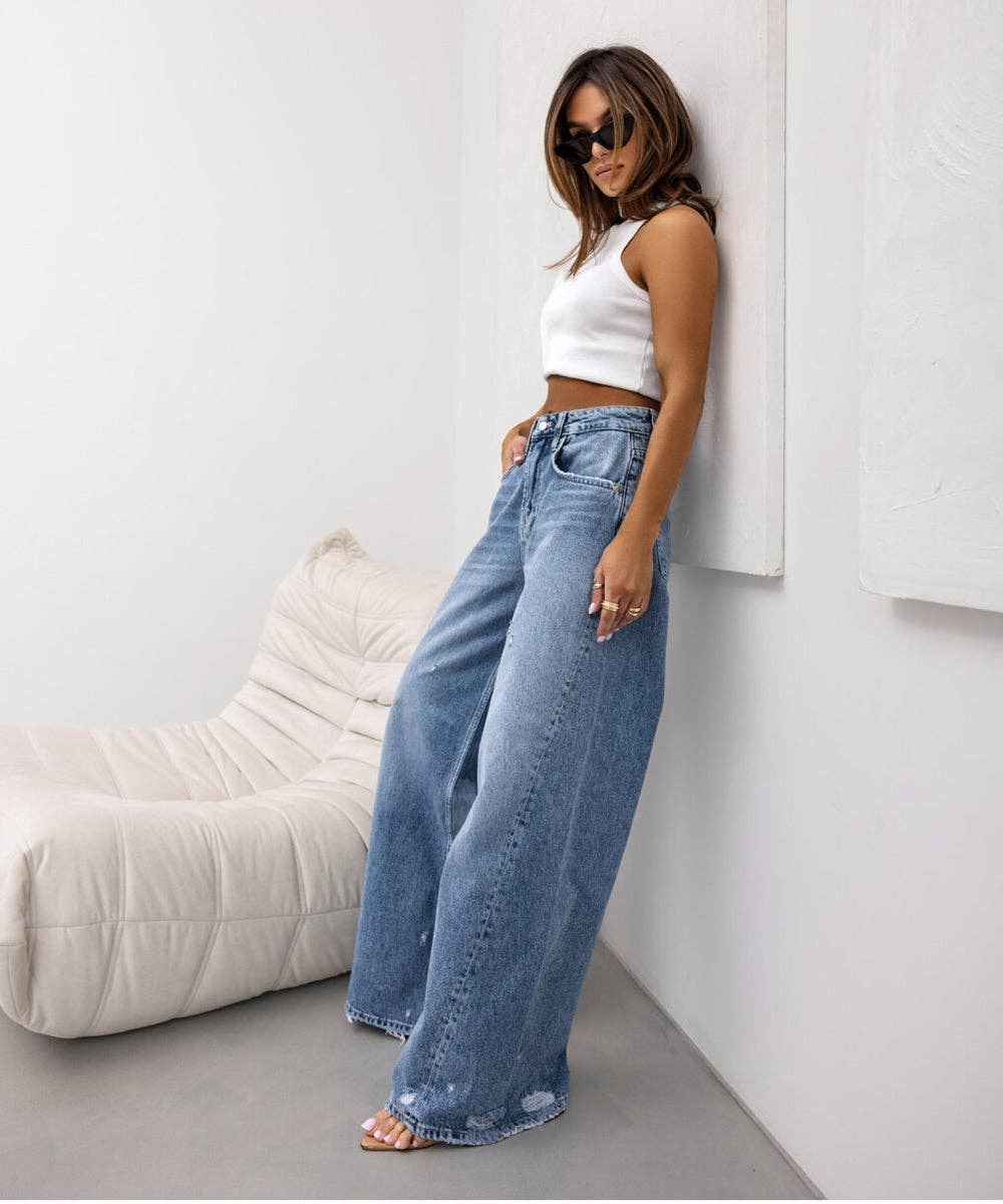 STRAIGHT LEG RIPPED WIDE-LEG JEANS FOR EDGY COMFORT