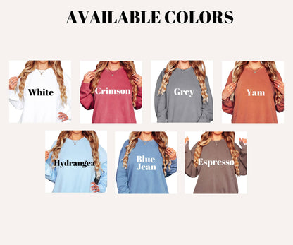 Collage of sweatshirts in various colors with color names displayed.
