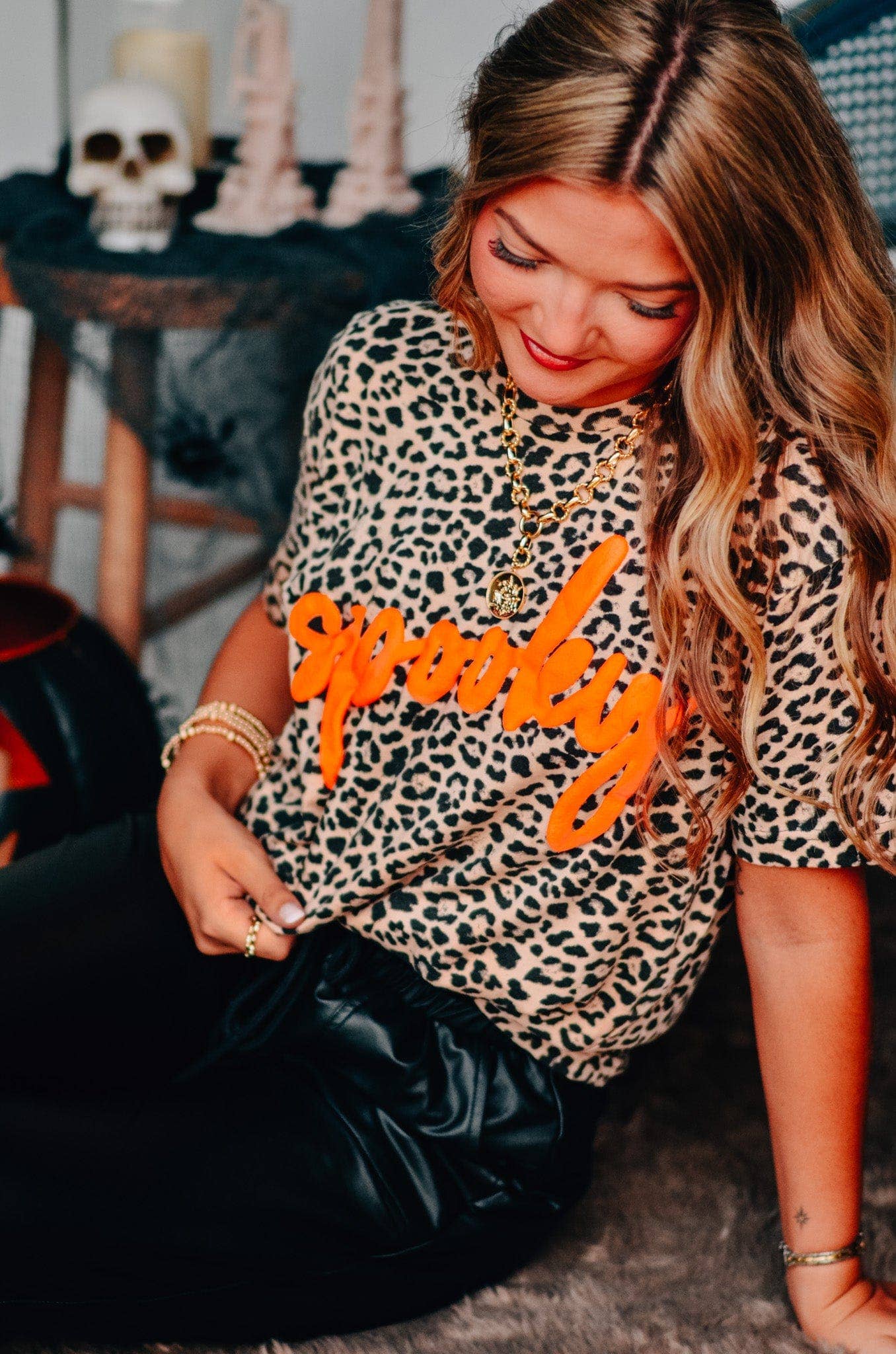 Spooky Halloween Bleached Leopard Tee - Orange Puff Print