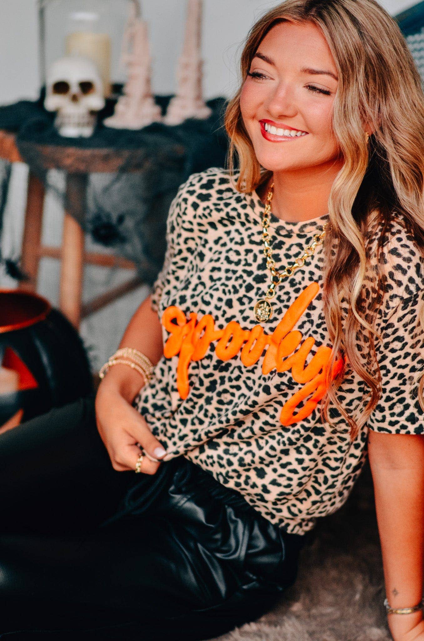 Spooky Halloween Bleached Leopard Tee - Orange Puff Print