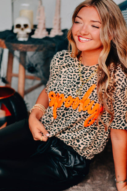 Spooky Halloween Bleached Leopard Tee - Orange Puff Print